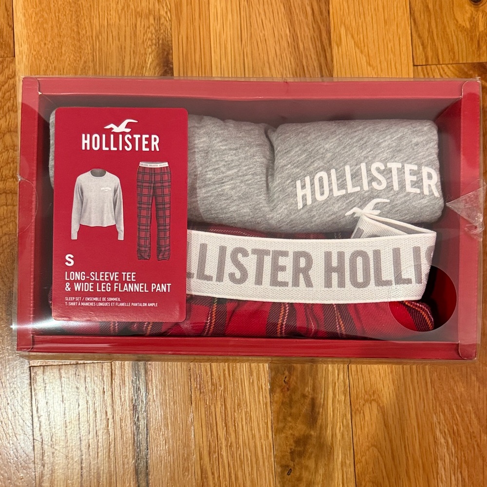 Hollister Gray Tee and Red Plaid Flannel Pants Set